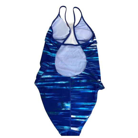 Champion Blue Watercolor Striped One Piece Racerback Conservative Swim Suit Med - Picture 5 of 6